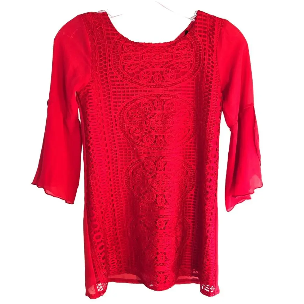 Girls Red  Lace Dress Size 10 Flare Sleeves M Medium Kids  Party Church